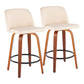 Larc - Set of 2 - 26" Walnut Counter Stools, Cream Faux Leather Upholstery, Black Footrest, Contemporary Design