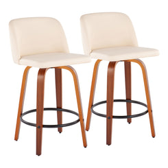 Larc - Set of 2 - 26" Walnut Counter Stools, Cream Faux Leather Upholstery, Black Footrest, Contemporary Design