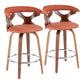 Halifax - Set of 2 - 26" Mid-Century Modern Counter Stools with Swivel, Walnut & Orange Fabric