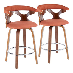 Halifax - Set of 2 - 26" Mid-Century Modern Counter Stools with Swivel, Walnut & Orange Fabric