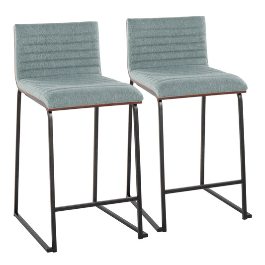 Marthoria - Set of 2 - 26" Green Upholstered Counter Stools with Walnut Wood Back and Black Metal Base