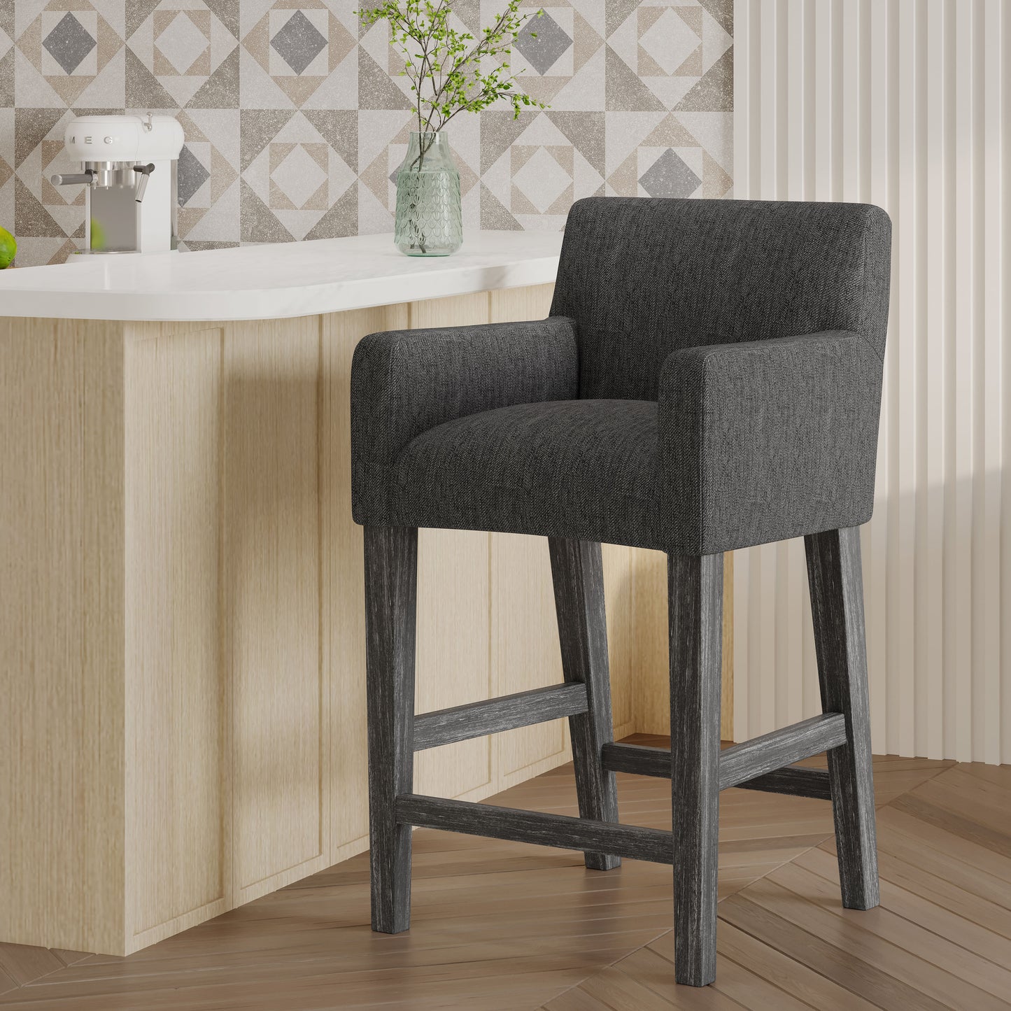 Levison - Set of 1 - 26" Upholstered Counter Stool in Charcoal Gray Fabric with Rubberwood Frame