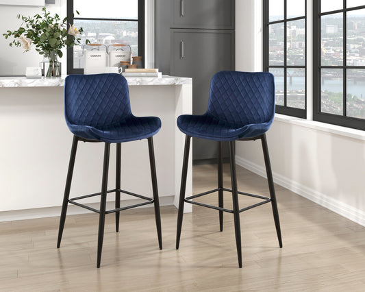 Niora - Set of 2 - 29" Dark Blue Velvet Pub Height Chairs with Black Metal Legs, Modern Dining