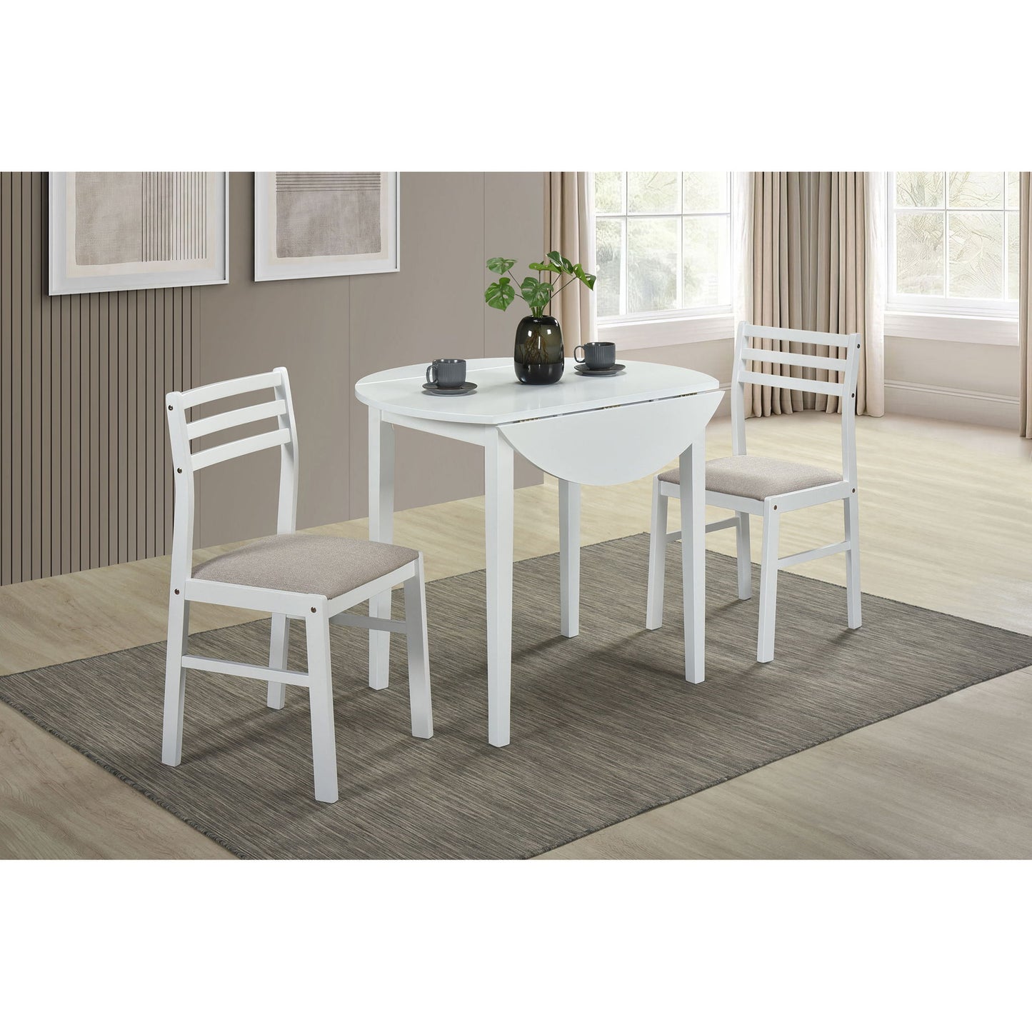 Cliff - 3 Piece Round Drop Leaf Dining Table Set With Ladderback Chairs - White