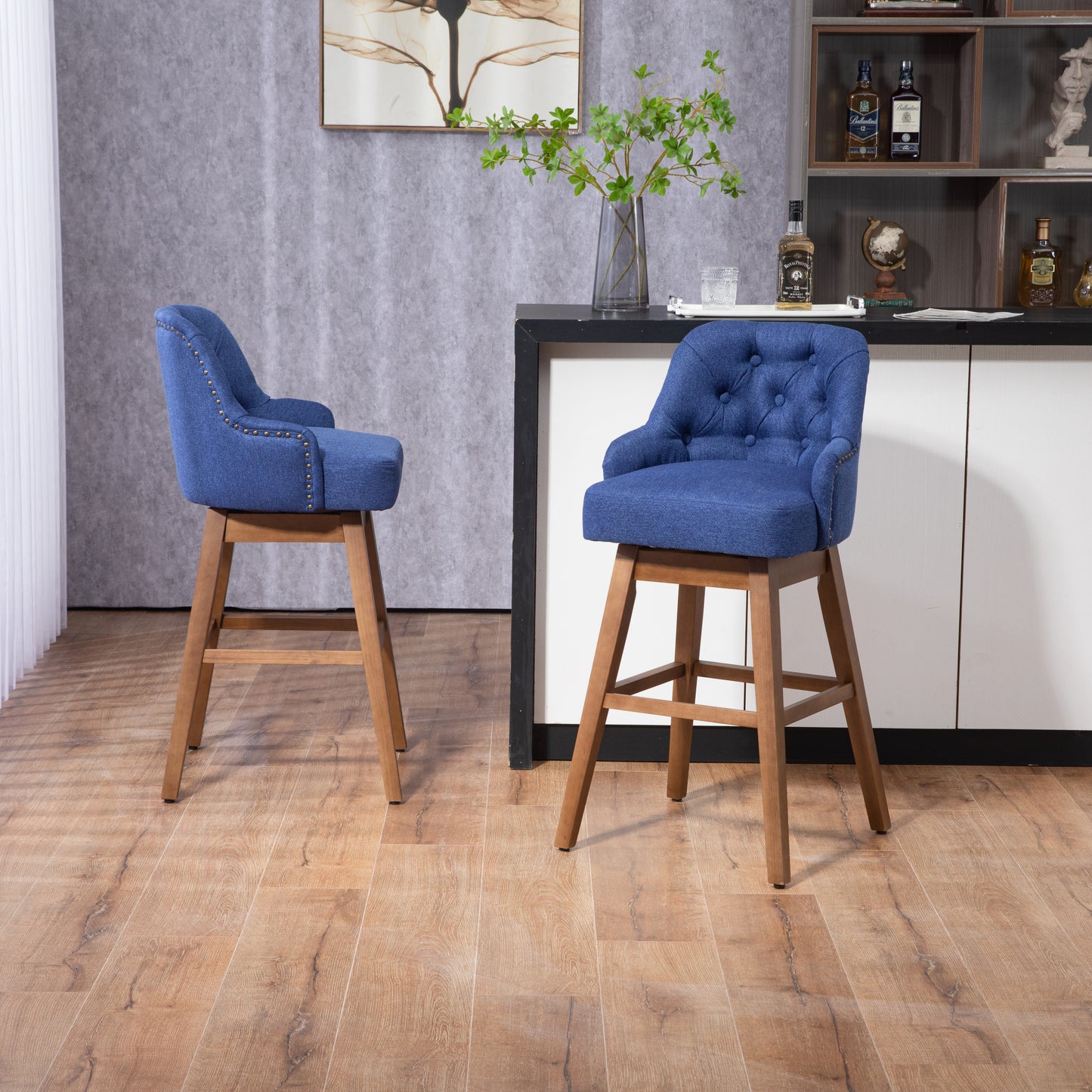 Holmwood - Set of 2 - 28" Navy Linen Swivel Bar Stools with Solid Wood Legs, 360° Counter Height Chairs for Kitchen & Dining Room