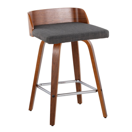 Mapel - Set of 2 - 26" Mid-Century Modern Fixed-Height Swivel Counter Stools with Walnut Wood Frame, Charcoal Fabric Seat, and Chrome Footrest