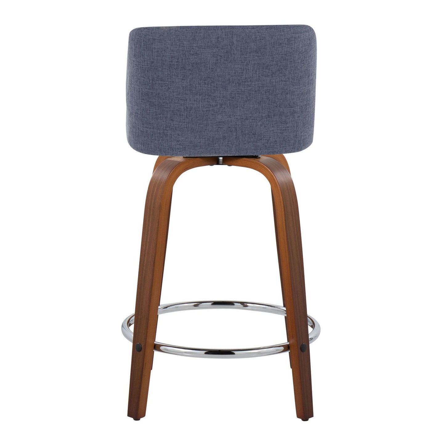 Terelle- Set of 2 - 24" Blue Swivel Mid-Century Modern Counter Stools with Walnut Wood Legs and Chrome Footrest