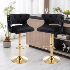 Virtell - Set of 2 -26" Velvet Black Counter Height Bar Stools with Back & Footrest – Adjustable Seat, Swivel Design, Gold Chrome Base