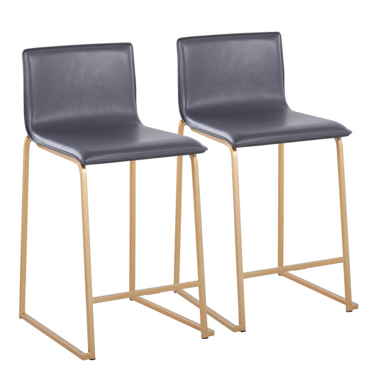 Mazarine - Set of 2 - 26" Counter Stools with Gold Metal Frame and Grey Faux Leather Upholstery, Modern Kitchen Seating