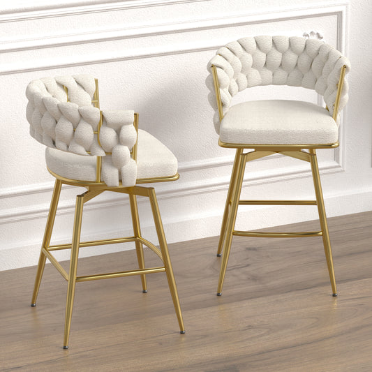 Lyros - Set of 2 - 29" White Woven Bar Stools with Gold Legs & 360° Swivel