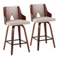 Elantra - Set of 2 - 26" Walnut and Beige Mid-Century Modern Counter Stools with Fabric Cushioned Seats and 360° Swivel