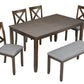 Walnut - Set of 6 - 24" Kitchen Dining Set – Rectangular Table with Upholstered Chairs & Bench, Acacia Wood, Seats 6 (58.5'' x 34.5'' x 30'')