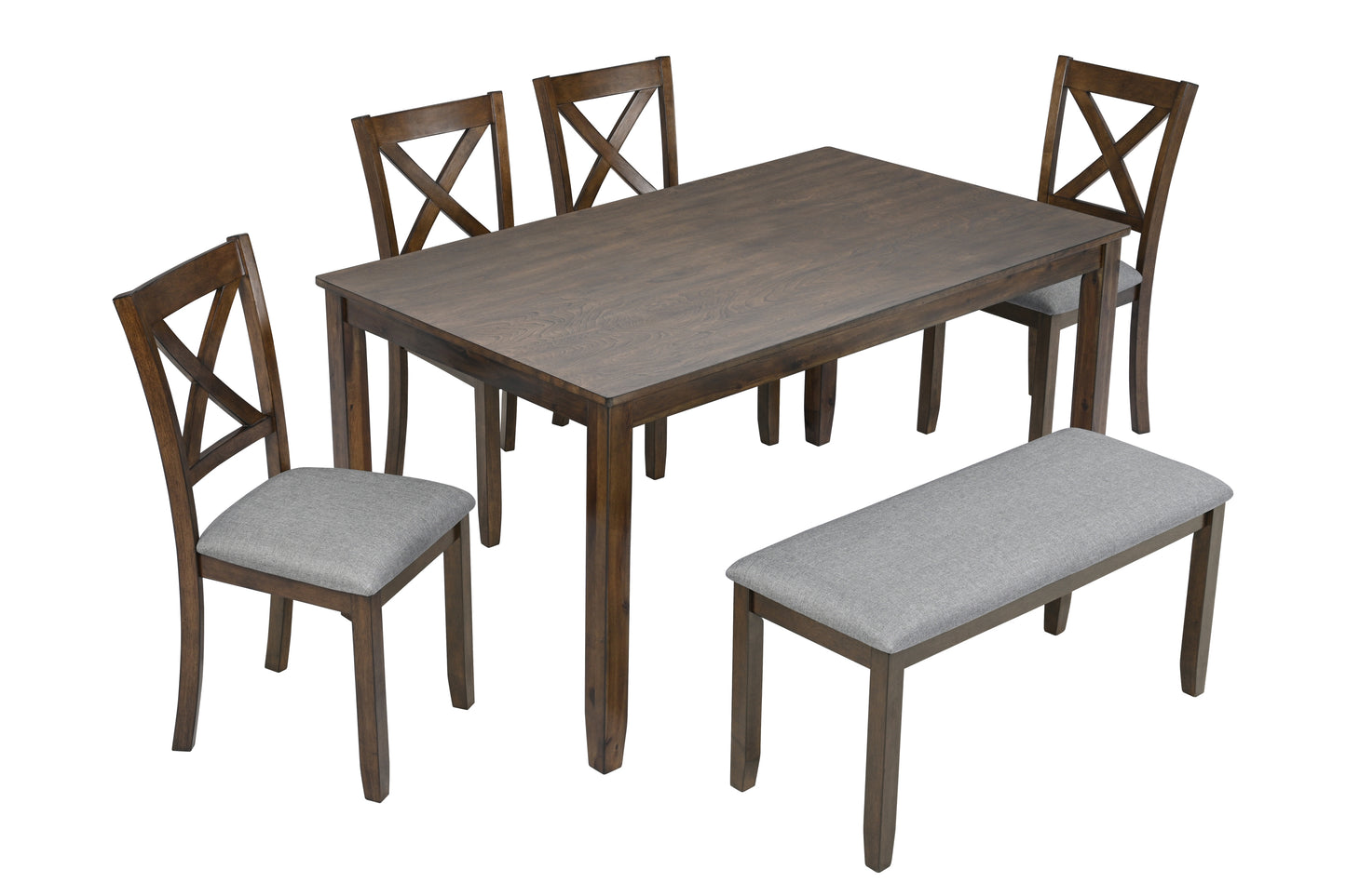 Walnut - Set of 6 - 24" Kitchen Dining Set – Rectangular Table with Upholstered Chairs & Bench, Acacia Wood, Seats 6 (58.5'' x 34.5'' x 30'')