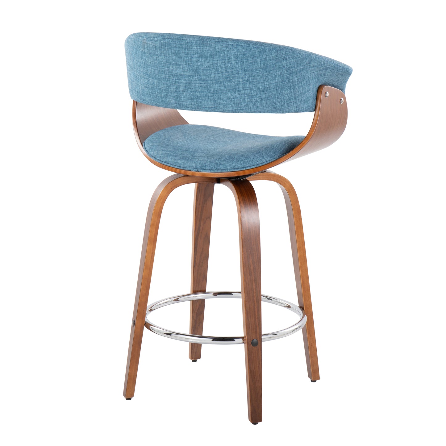 Hanford - Set of 2 -24"- Walnut Wood & Blue Fabric Mid-Century Counter Stools with 360° Swivel