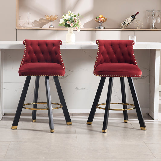 Harland - Set of 2 - 26" Red Velvet Swivel Bar Stools with 360° Rotation, Rivet Accents, Back Pull Loop Design