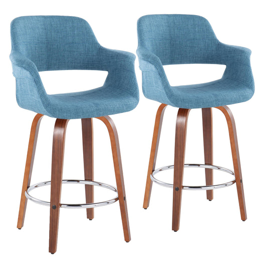 Luan - Set of 2 - 26" Blue Fabric Mid-Century Modern Counter Stools with Walnut Wood and Chrome Footrest