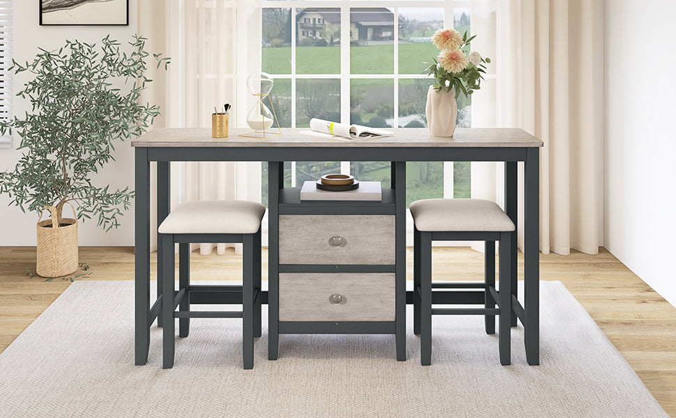 Spire 3-Piece Set – 66" Rustic Counter Height Dining Table,  Table with Storage Cabinet, 2 Drawers, and Beige Upholstered Stools, Distressed Gray Finish