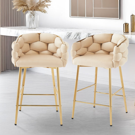 Kobe - Set of 2 - 26" Natural Swivel Counter Stools with Tufted Back, Seat, and Polished Silver Footrest