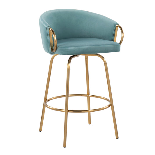 Evelina - Set of 2 - 20" Light Blue Velvet and Gold Steel Counter Stools