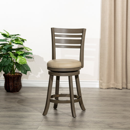 Tynora - Set of 2 - 24" Mid-Century Modern Counter Stools with Cream Faux Leather, Walnut Wood Frame, and Black Footrest