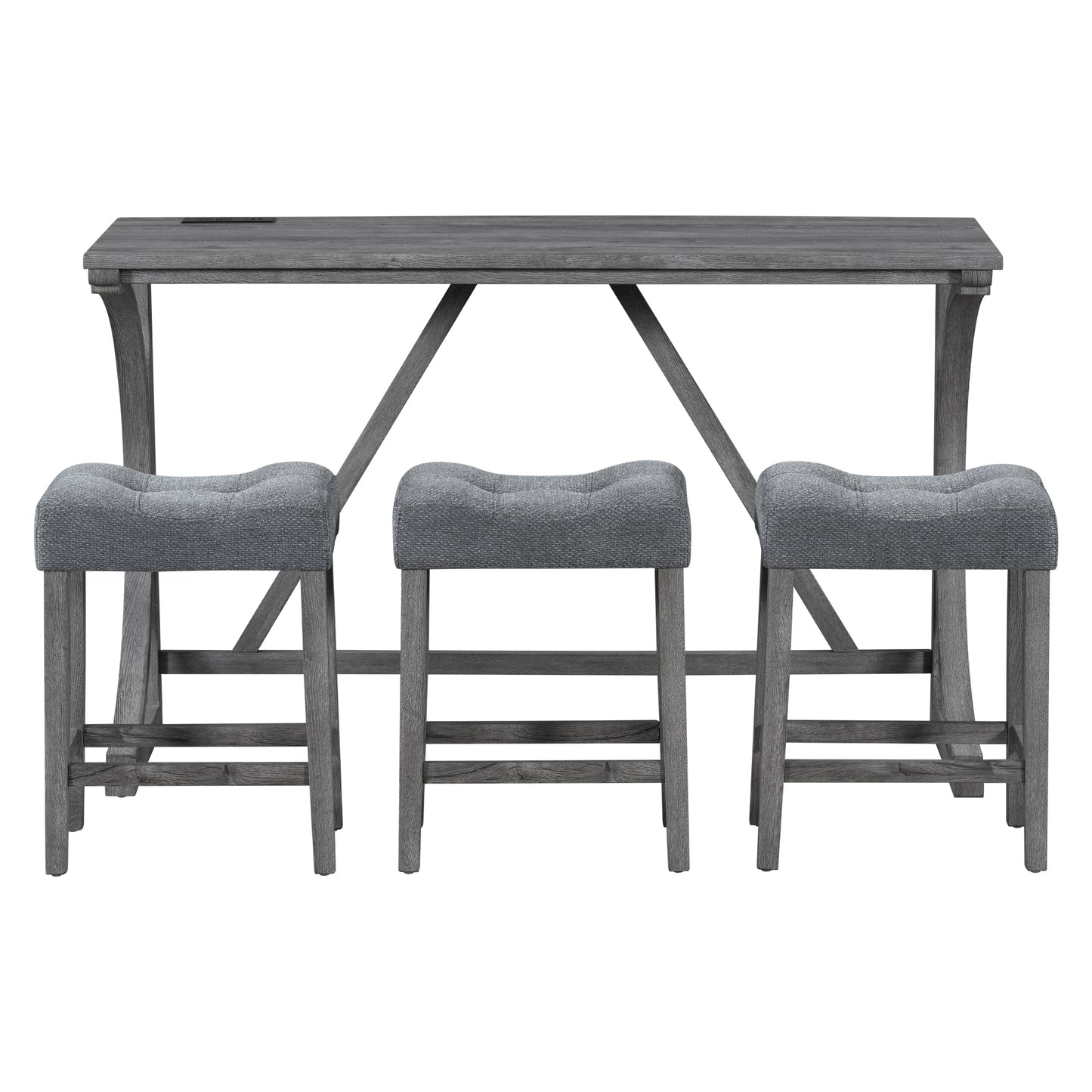 Hadden - Set of 4 - 30” Gray Industrial Bar Table Set with Power Outlet, 3 Stools, Solid Wood + MDF - Dining, Game, or Living Room, 59” x 19” x 36”