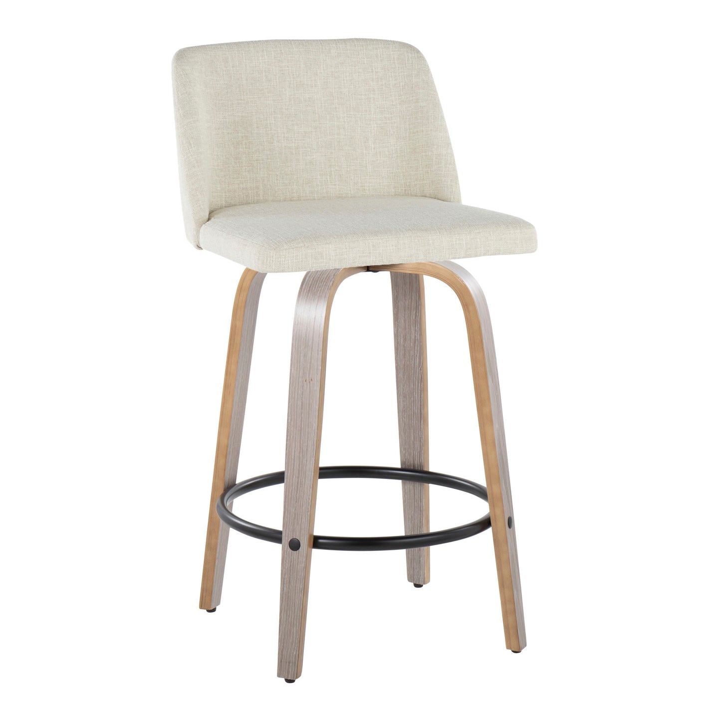 Tynan - Set of 2 - 24" Light Grey Wood Counter Stools with Swivel Cream Upholstery and Round Black Footrest