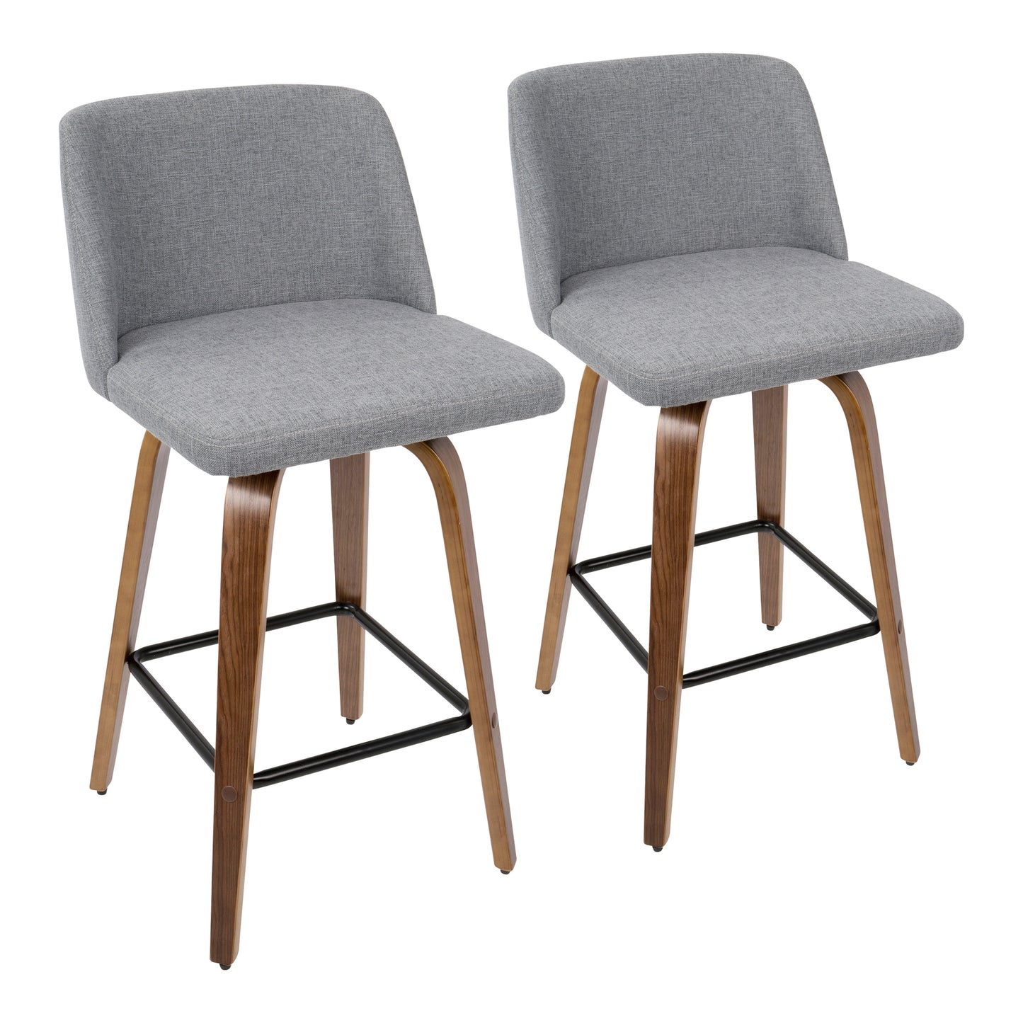 Trilynox - Set of 2 - 24" Mid-Century Modern Counter Stools with Walnut Bentwood Frame, Grey Fabric Upholstery, Footrest, and Fixed Height