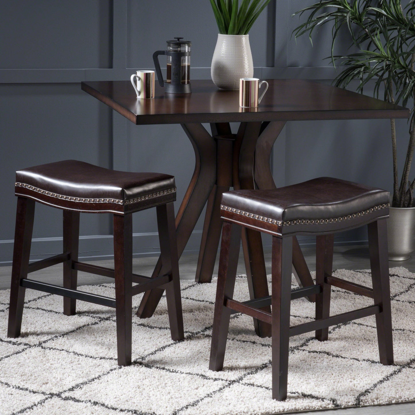 Marcila - Set of 2 - 26" Dark Brown PU Leather Saddle Bar Stools with Nailhead Trim and Rubberwood Frame