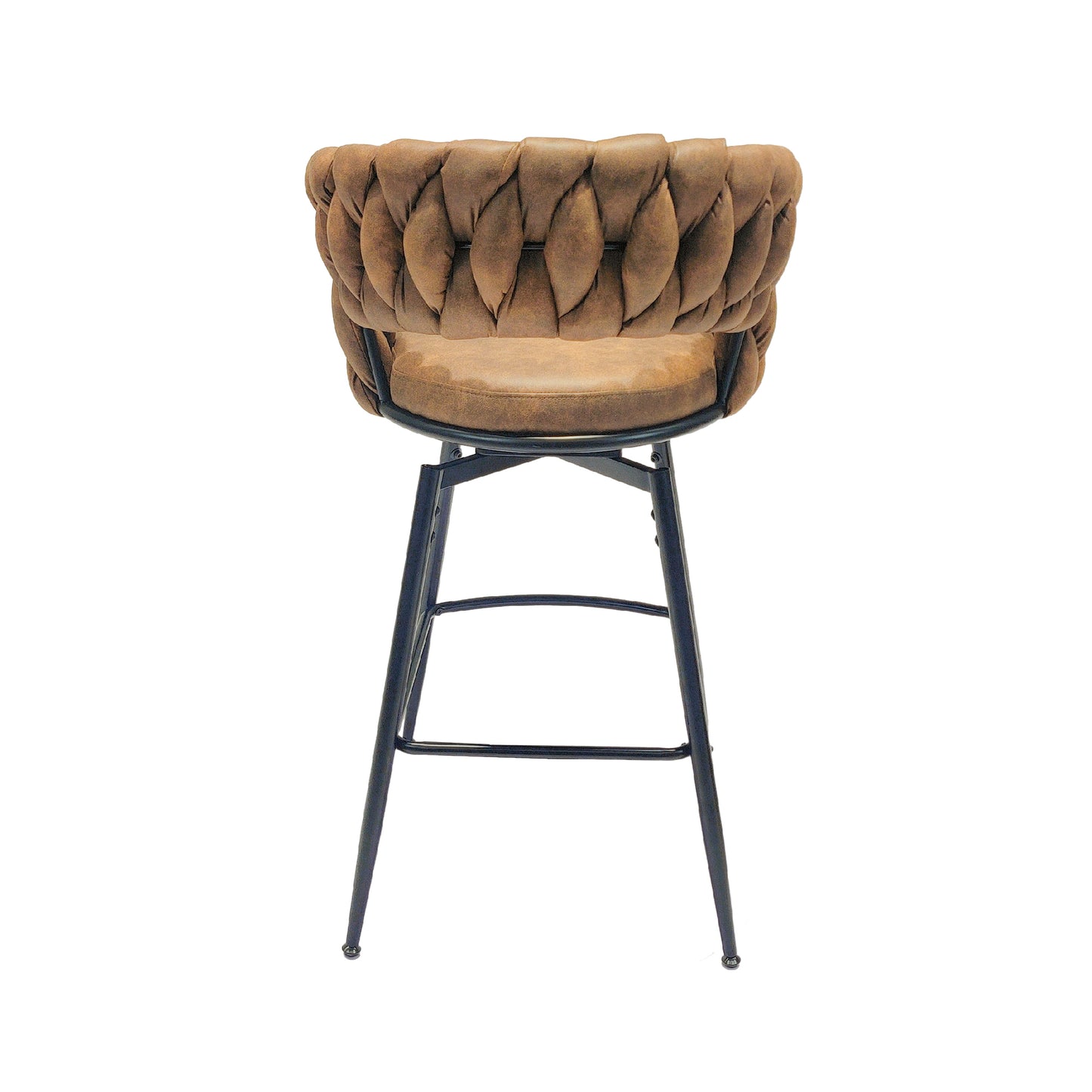 Millington- Set of 2 - 25" Woven Leather Counter Stools with 360° Swivel, Brown & Black Finish, Upholstered Technical Leather, Sturdy Metal Base