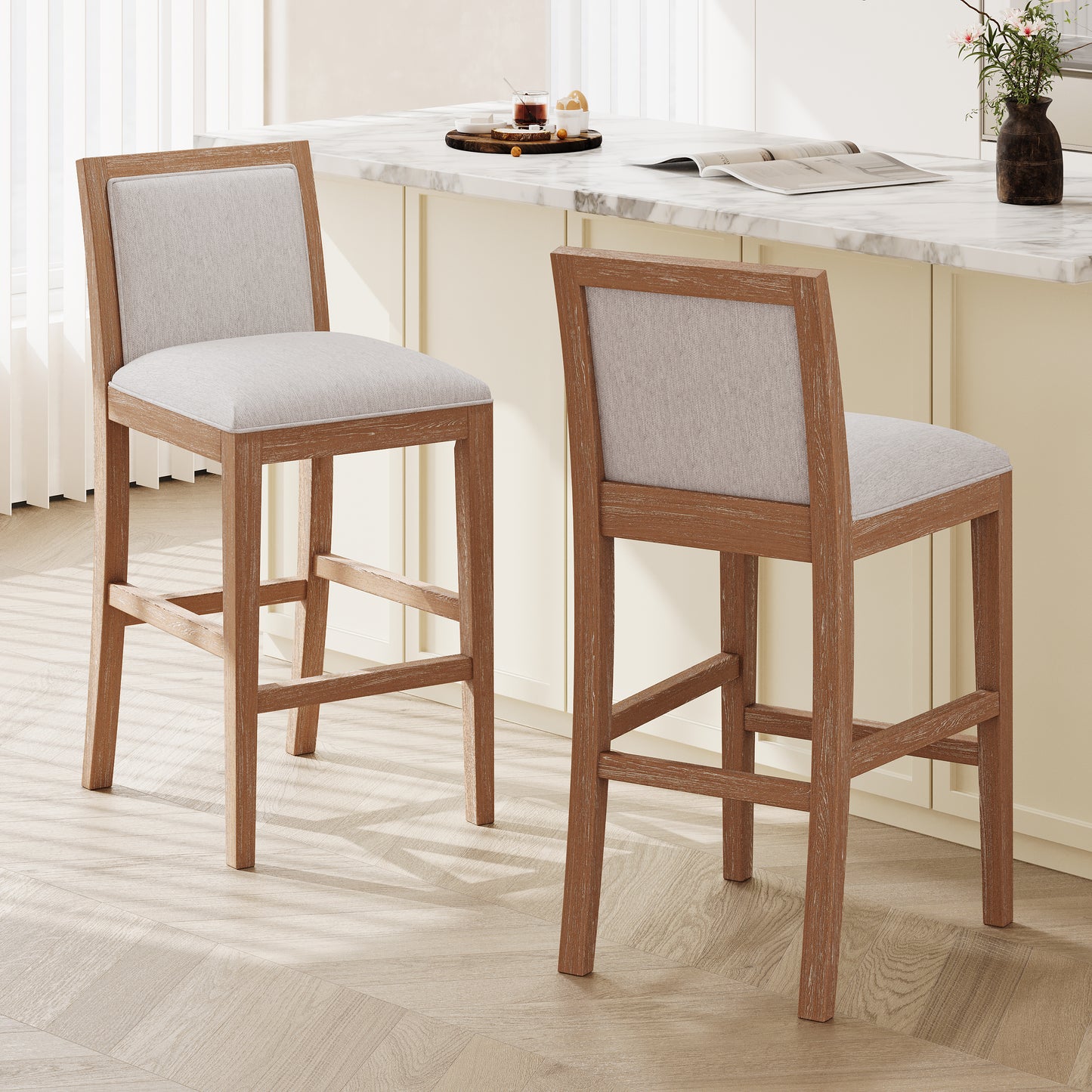 Montague - Set of 2 - 24" Retro Bar Stools with Rubberwood Frame and Upholstered Fabric Cushions, Classic Espresso Design