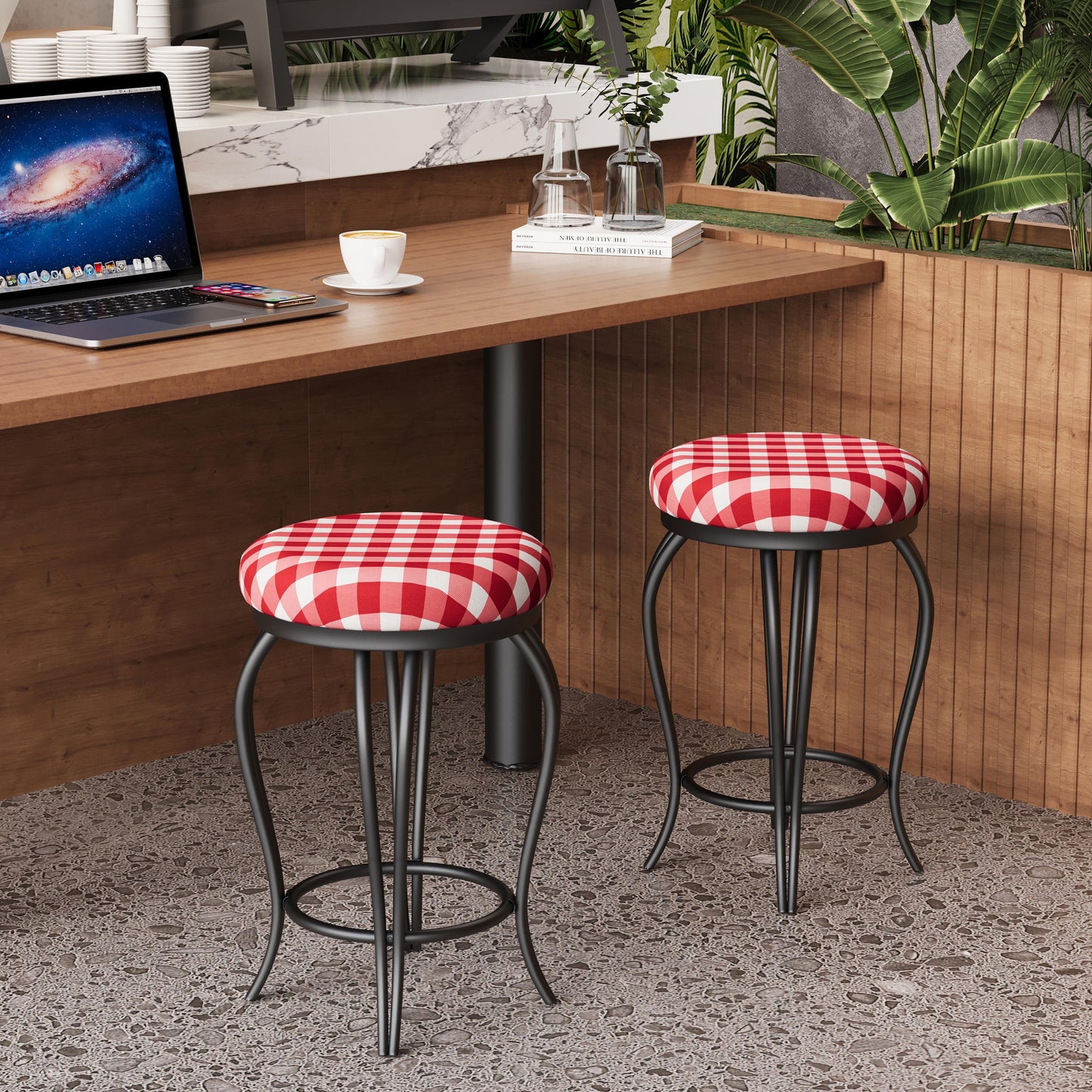 Helendale - Set of 2 - 26" Red Striped Metal Bar Stools with Footrest and Easy Assembly for Indoor Bar or Kitchen