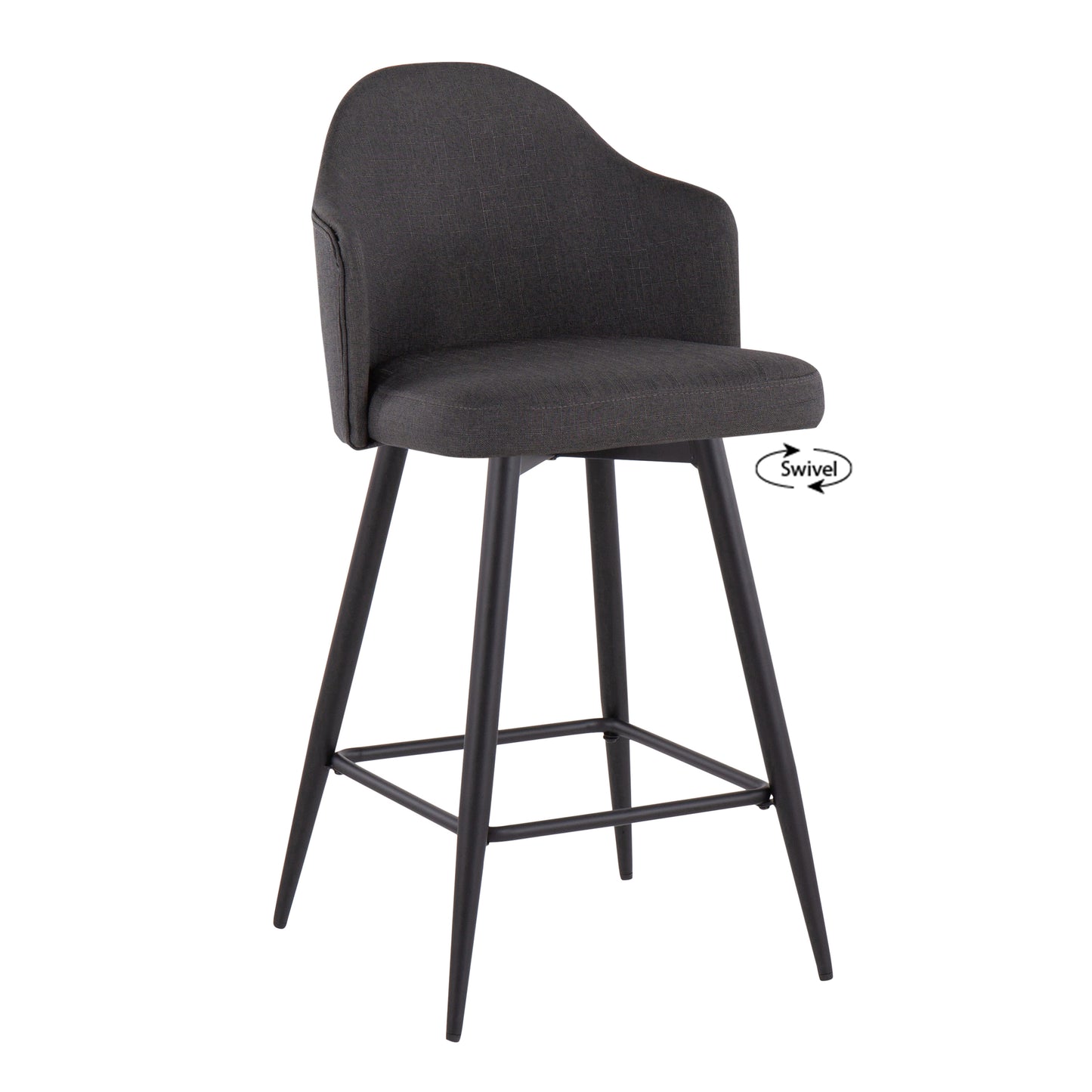 Humph - Set of 2 - 26" Charcoal Swivel Counter Stools with Fabric Seat, Bamboo Back, and Black Metal Frame