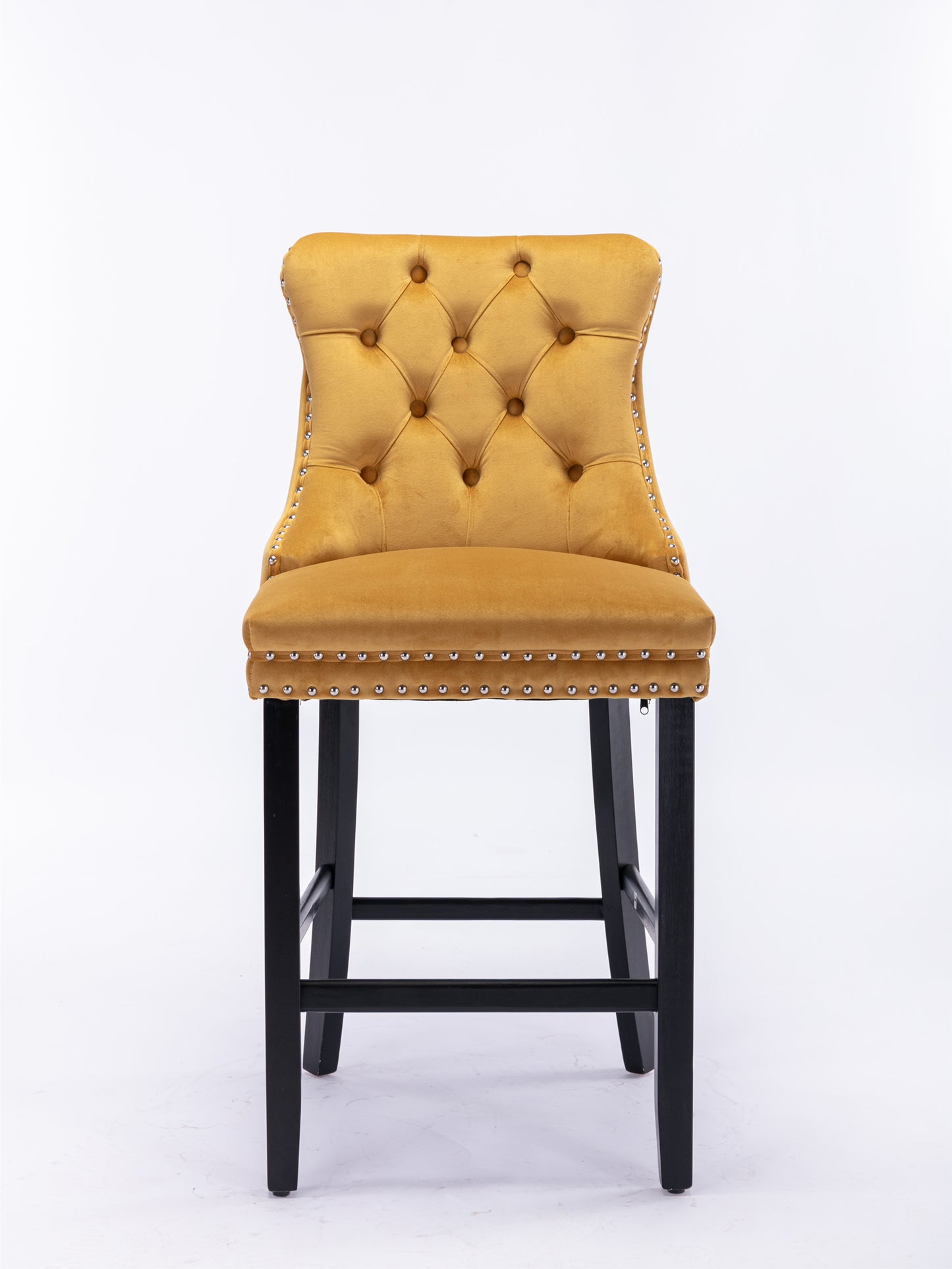 Golden Velvet - Set of 2 - 23.6" Upholstered Bar Stools with Button Tufted Design, Chrome Nailhead Trim & Wooden Legs