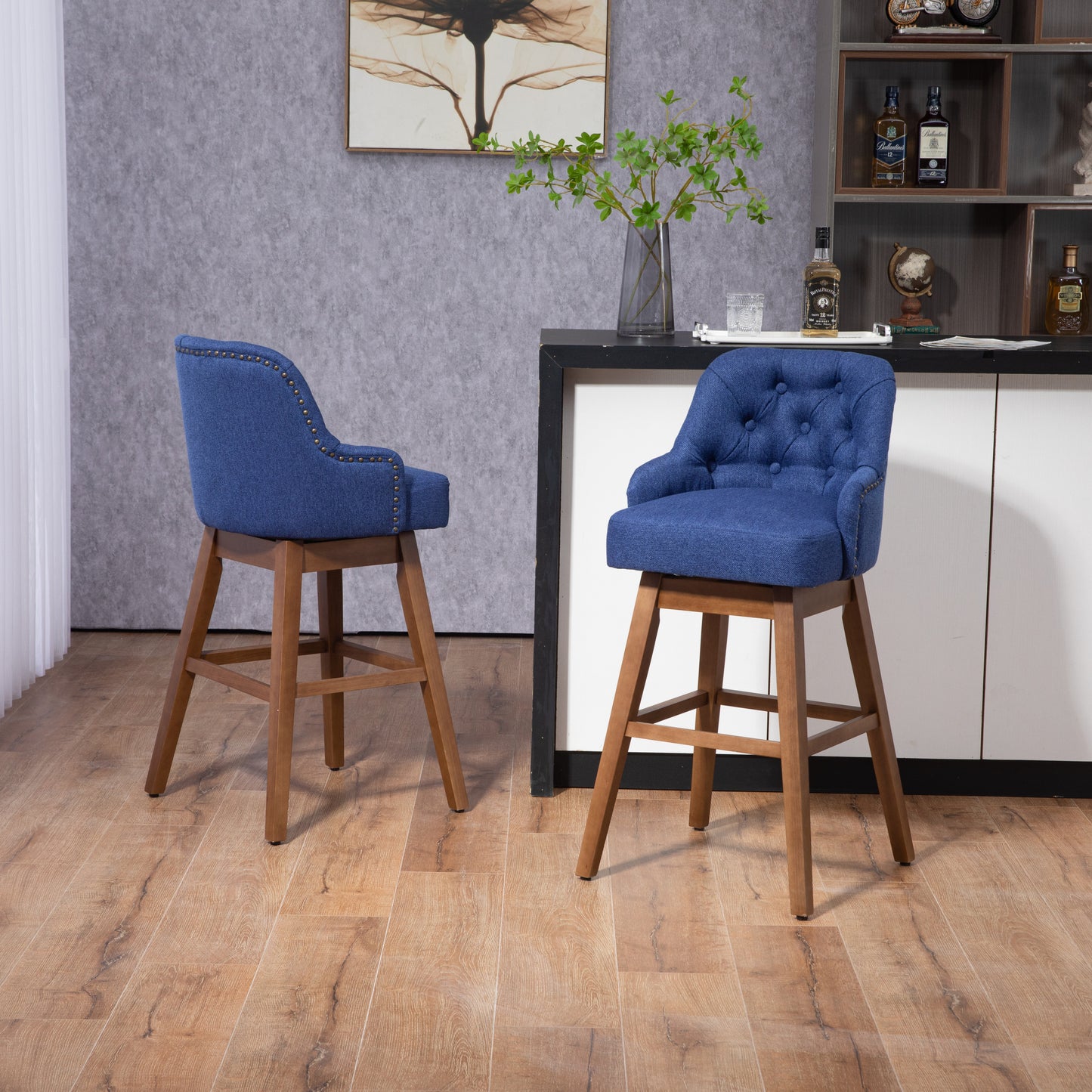 Holmwood - Set of 2 - 28" Navy Linen Swivel Bar Stools with Solid Wood Legs, 360° Counter Height Chairs for Kitchen & Dining Room