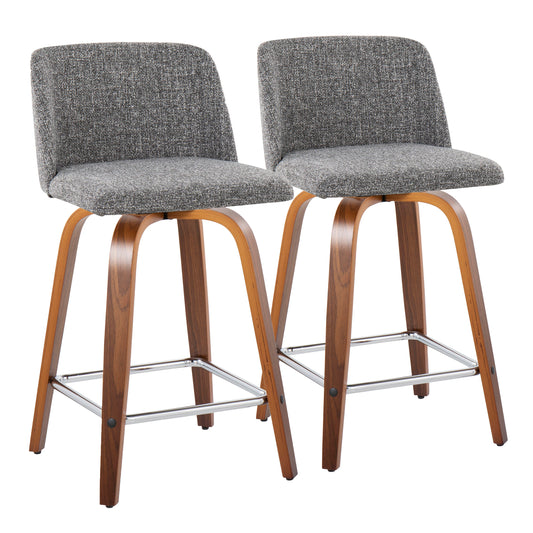 Lavic - Set of 2 - 24" Walnut Wood Counter Stools with Grey Fabric, Chrome Footrest, Mid-Century Modern Swivel Design