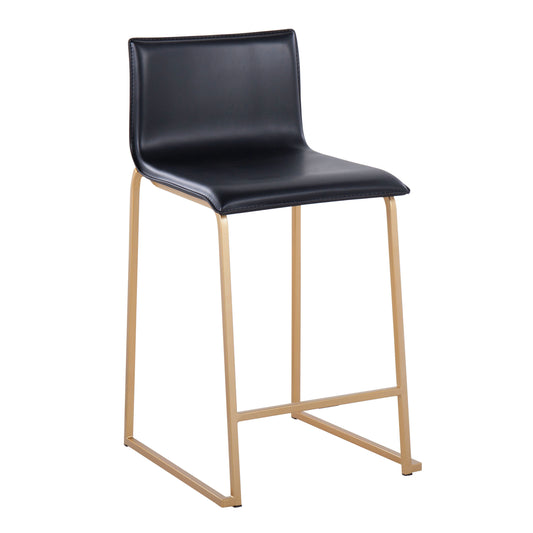 Marel - Set of 2 - 26" Gold Metal Counter Stools with Black Faux Leather Upholstery, Ergonomic Design, Footrest for Comfort, Stylish Kitchen & Bar Seating