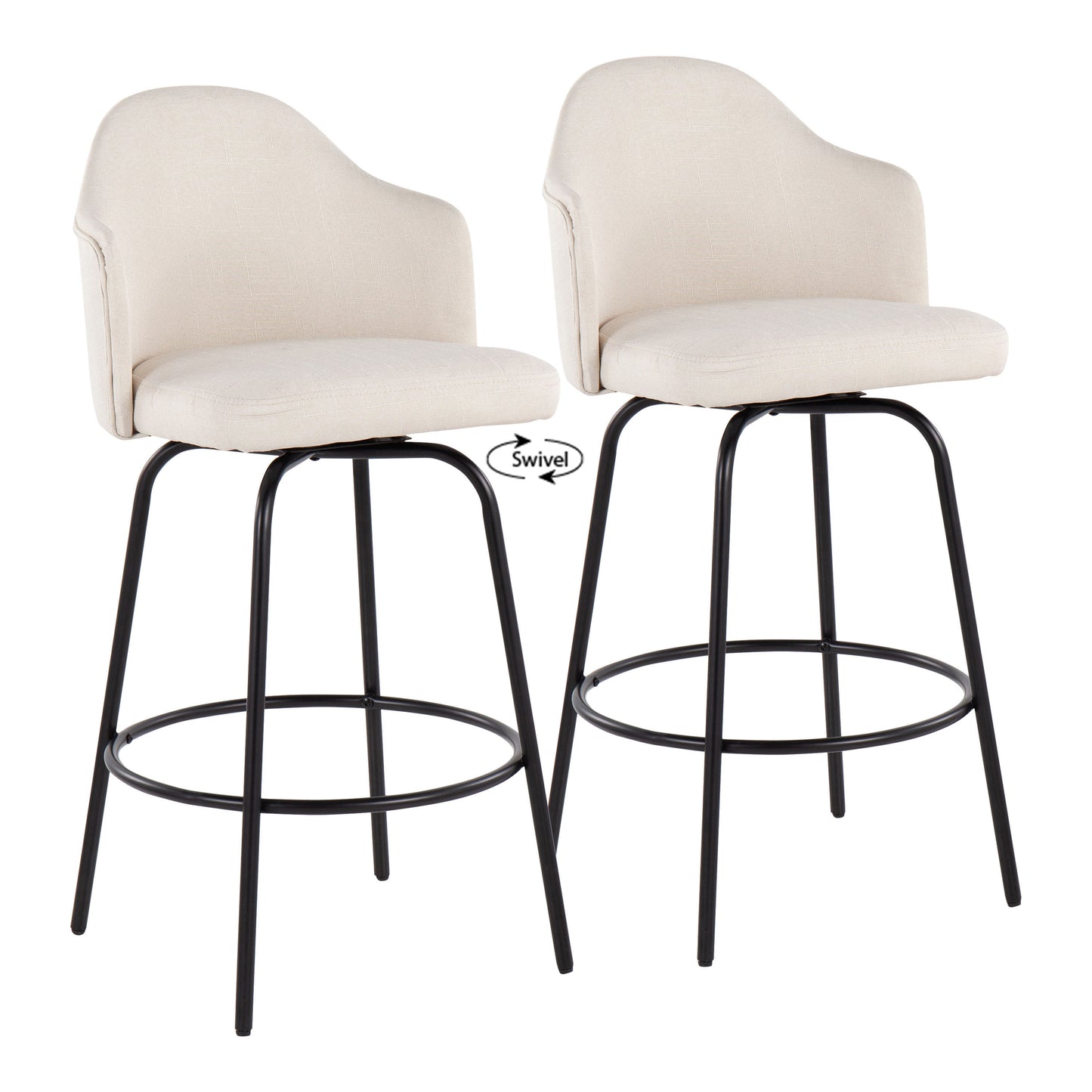 Loan - Set of 2 - 24" Contemporary Fixed-Sit Height Counter Stools in Black Metal with Cream Fabric