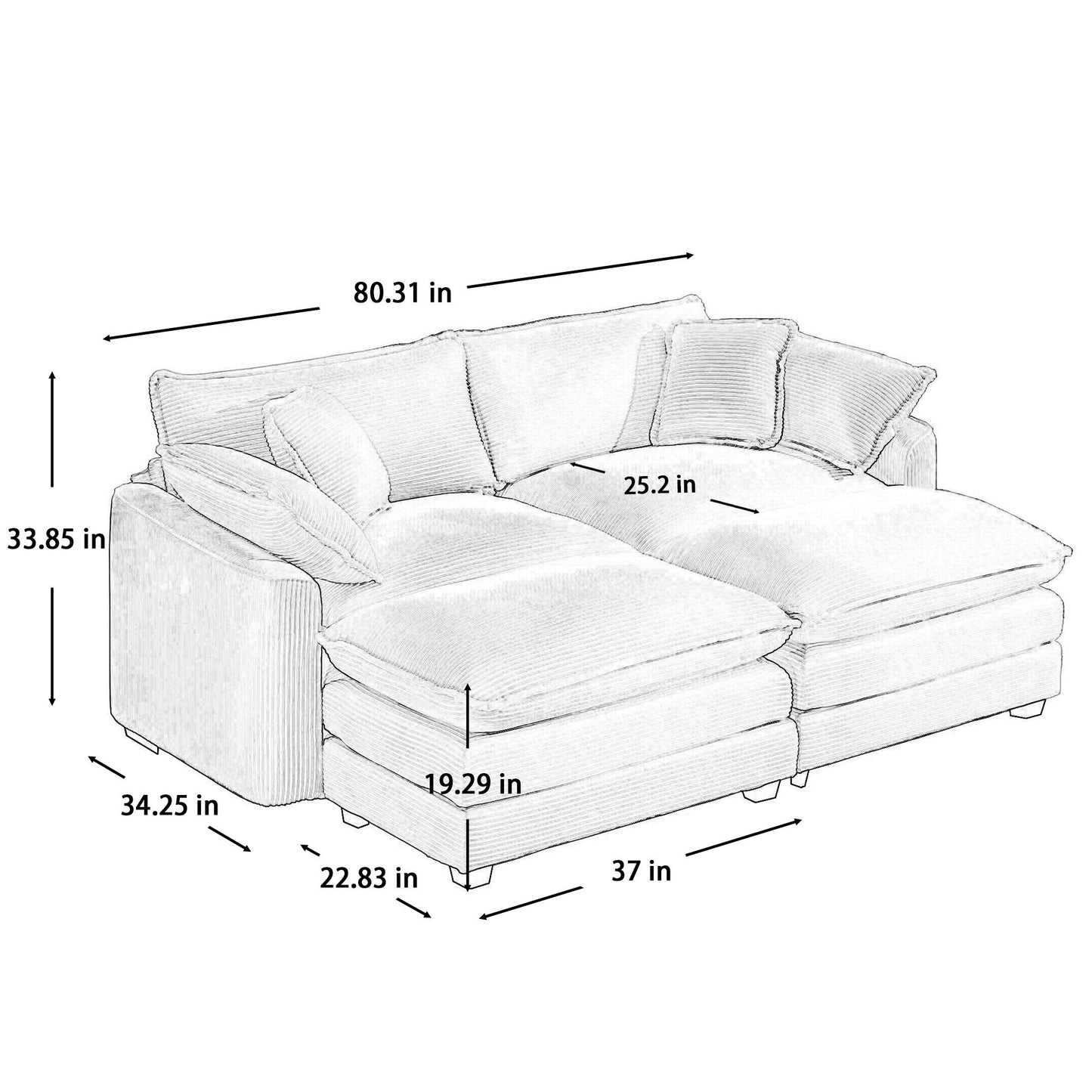 Modular Oversized Cushion Sofa With Ottoman, Low Back, Deep Seating Sofa Set