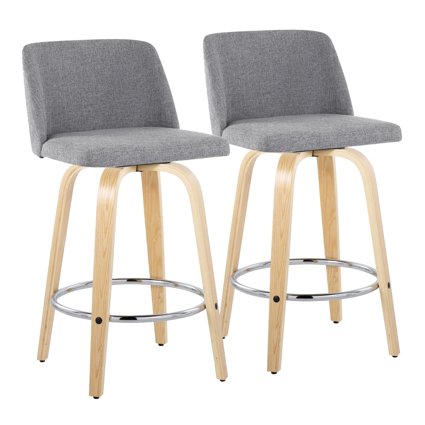 Tivon - Set of 2 - 26" Fixed-Height Counter Stools – Grey Fabric with Swivel and Natural Wood Legs