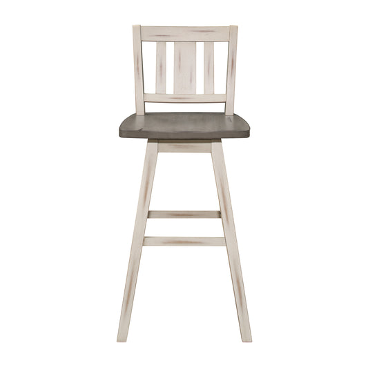 Amandine - Set of 2 - 29" Pub Height Chairs with Distressed Gray and White 360° Swivel, Solid Rubberwood Frame, and Vertical Slat Back