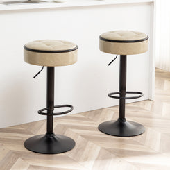 Bella Luxe - Set of 2 - 28" Swivel Khaki Faux Leather Adjustable Round Storage Bar Stools with Metal Frame, Armless Counter Height Chairs for Kitchen & Living Room