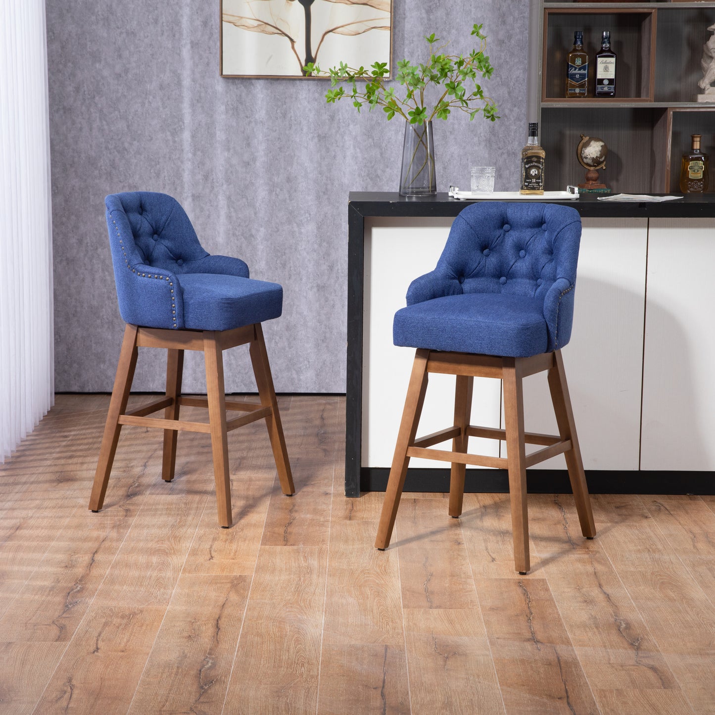 Holmwood - Set of 2 - 28" Navy Linen Swivel Bar Stools with Solid Wood Legs, 360° Counter Height Chairs for Kitchen & Dining Room