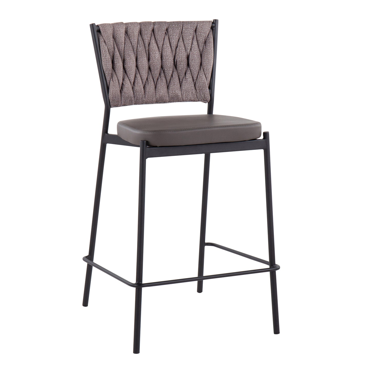 Hartley - Set of 2 - 21" Black Metal Counter Stools with Grey Faux Leather Seat and Light Brown Fabric Backrest