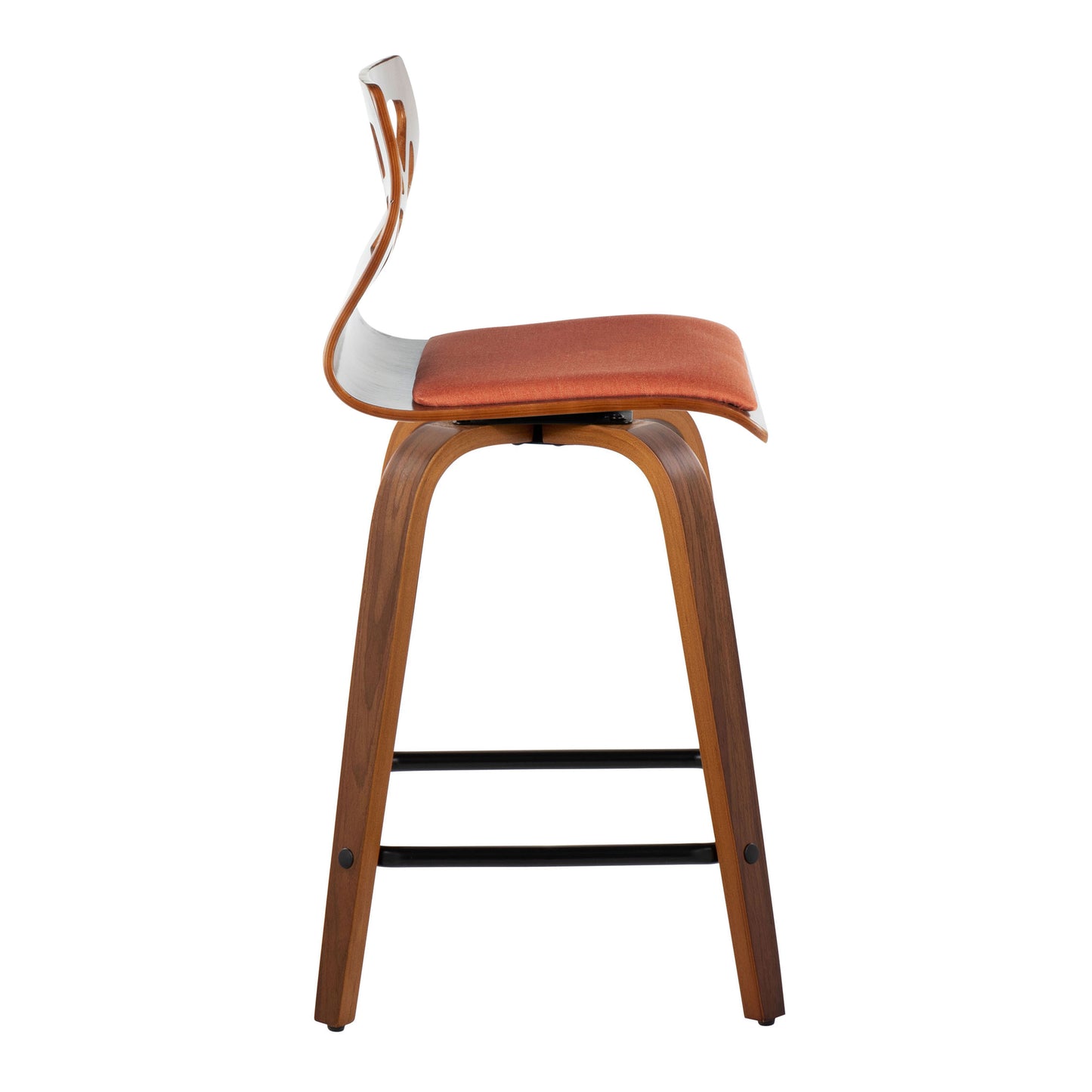 Fairmont - Set of 2 - 24" Mid-Century Modern Counter Stools Orange Fabric & Walnut Wood Swivel with Black Metal Footrest