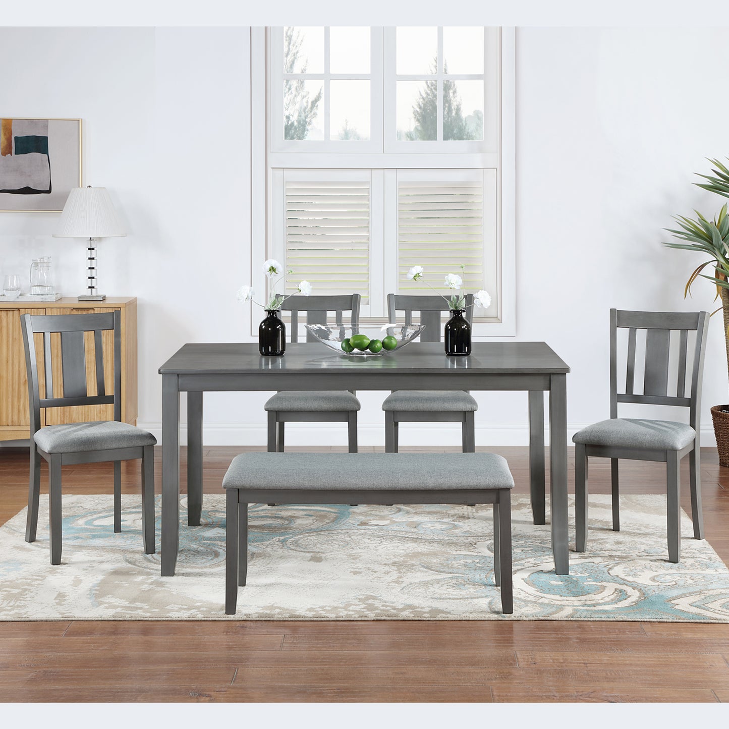 Valencia 6-Piece Dining Set - Gray - Includes Rectangular Table, 4 Upholstered Chairs, 19" and Bench - Acacia Wood, Seats 6