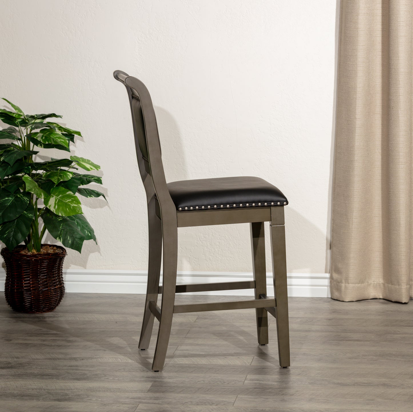 Hestia - Set of 2 - 24" Counter Stools with Weathered Gray Finish and Black Bonded Leather Seats