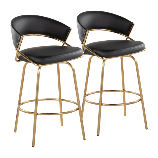 Jie - Set of 2 - 30" Fixed-Height Counter Stools with Black Faux Leather, Gold Metal Frame, and 360° Swivel, Contemporary Style