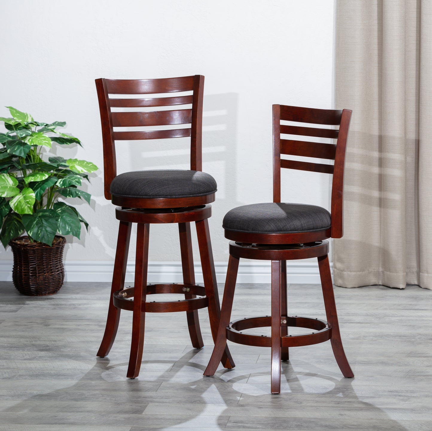 Savoy - Set of 2 - 24" Counter Height Swivel Stools in Cherry Finish with Charcoal Upholstered Seat