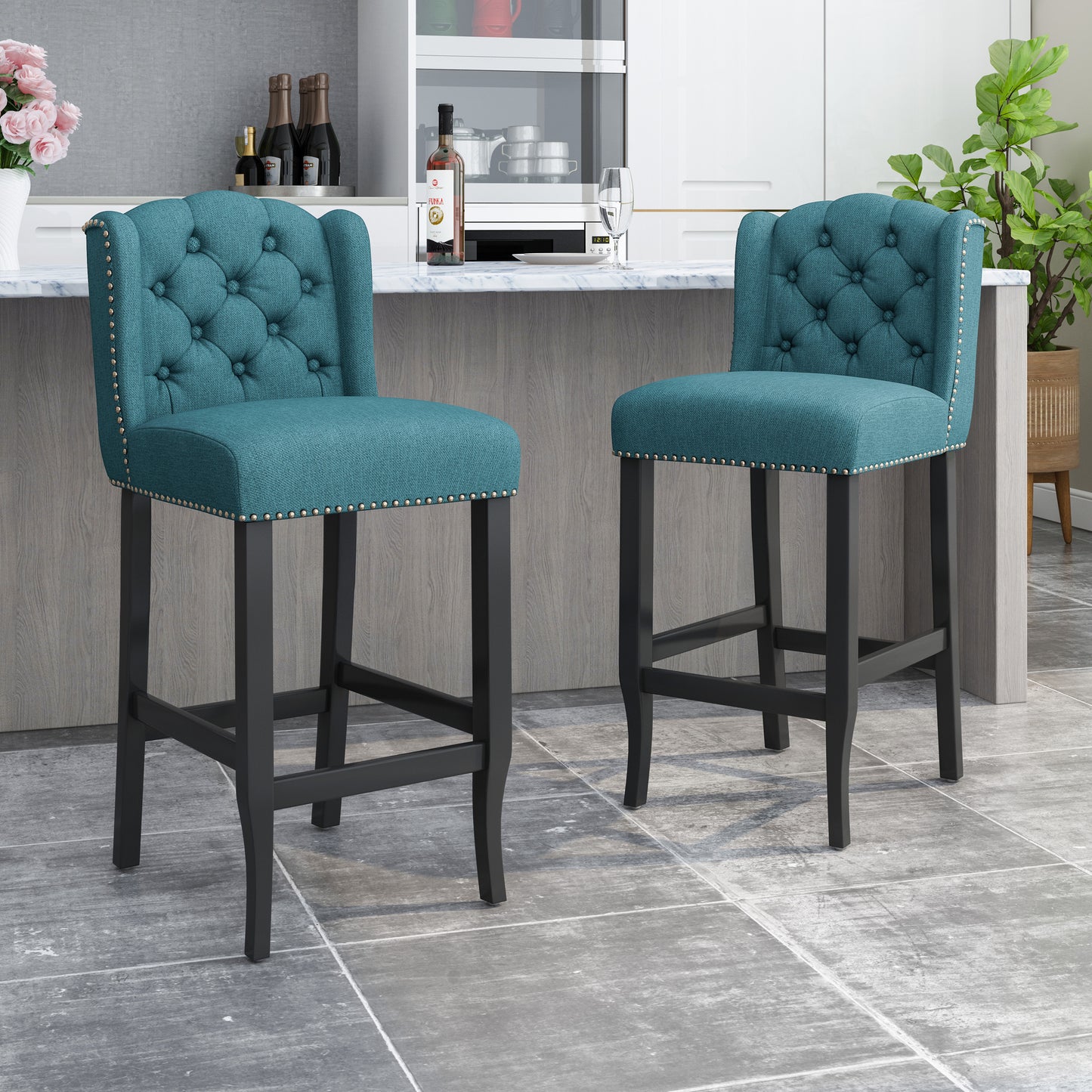 Votani - Set of 2 - 31" Teal Fabric Tufted Wingback Counter Stools with Dark Brown Legs