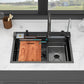 30" Whale Digital Waterfall Sink With LED Display, 16 Gauge Single Bowl Ledge Workstation - Gunmetal Black